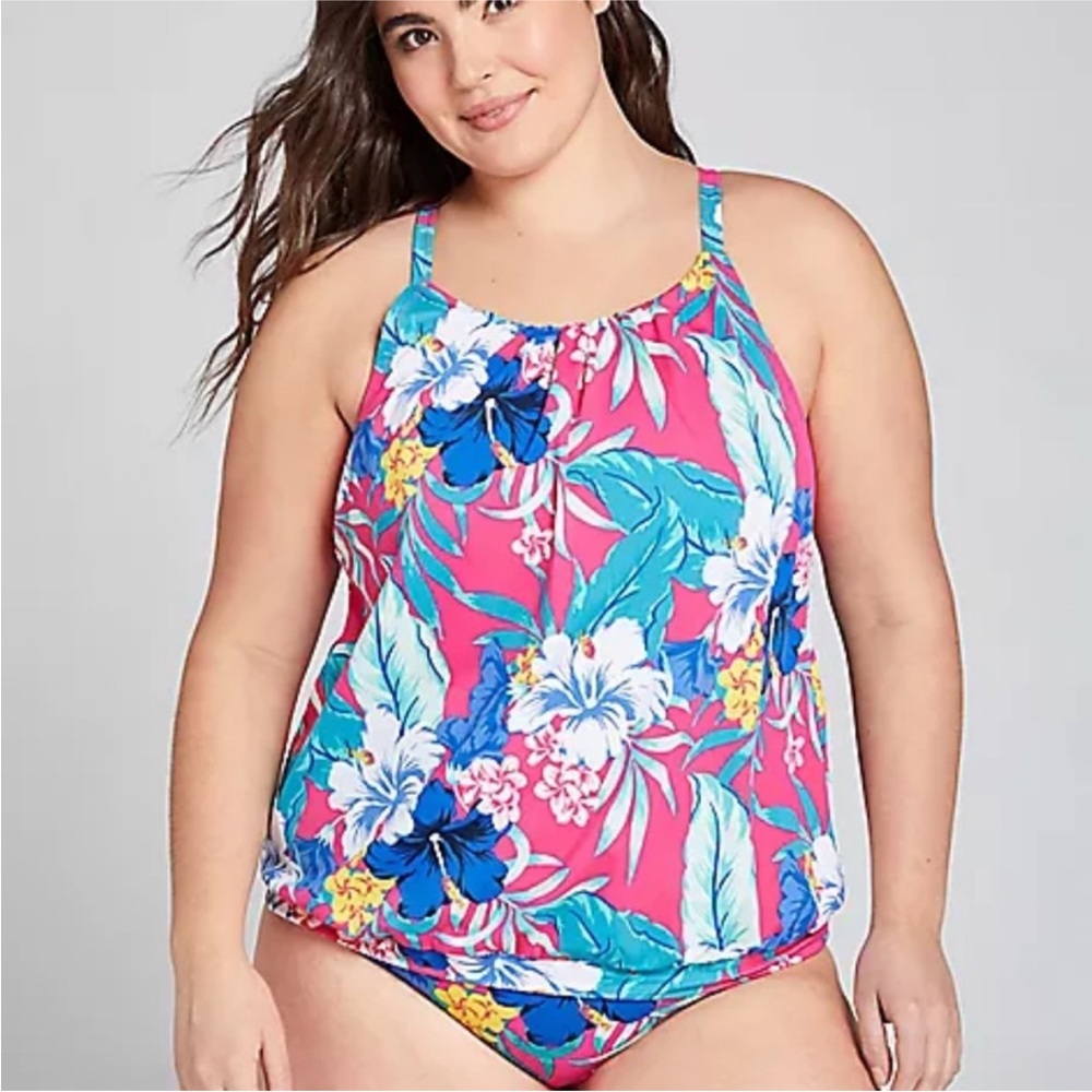 Swim‎ by Cacique Lane Bryant Pink Floral Tropical Tankini Top Women’s Sz 16